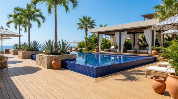 A recent hospitality installation in Tulum featuring Naturwing Co-extrusion WPC. The light teak finish complements the 