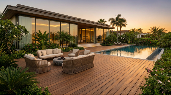  A premium walnut-color WPC decking installation on a contemporary villa — the 3D wood grain and matte finish are typical of co-extruded WPC produced at our 40-line factory in Hangzhou