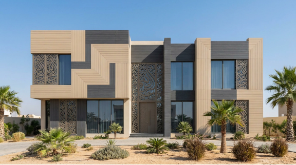A luxury villa project in Jumeirah, Dubai, utilizing co-extrusion composite cladding to achieve a natural wood aesthetic that withstands 50°C+ summer peaks without warping or fading