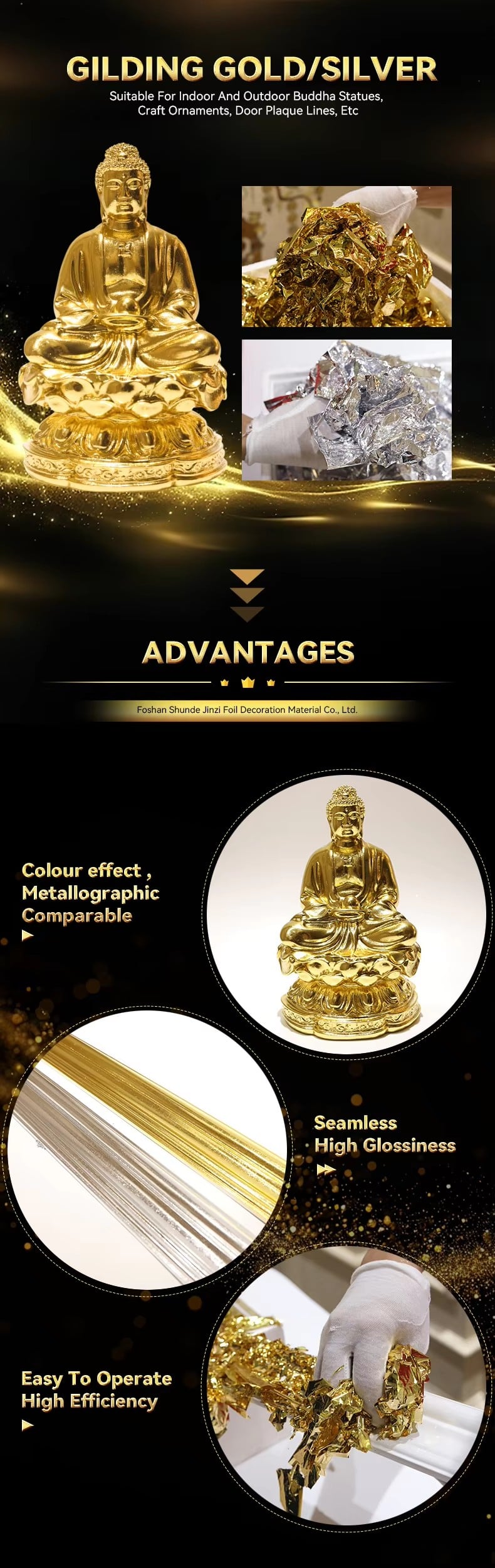 Jinzi Professional Supply Gold Leaf Flakes Gold Leaf Foil Sheets for Handicrafts Buddha Statue Deco