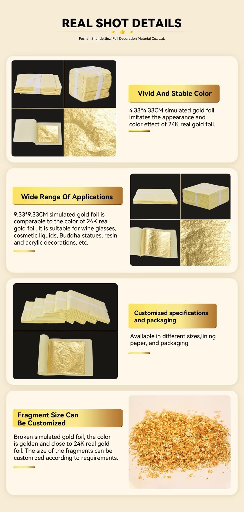 jinzi factory supply high quality gold leaf sheets foil 433433 933933 88cm multi size simulated gold foil-2