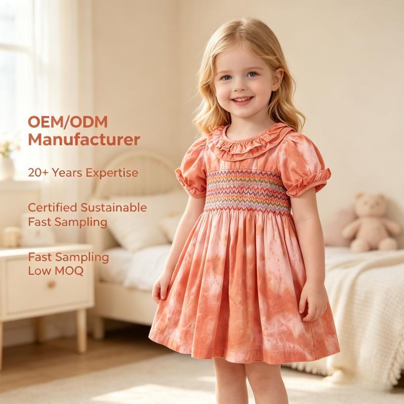 OEM/ODM Vintage 100% Cotton Smocked Baby Girl Dress | Eco-Friendly Plant-Dyed Toddler Dress | Custom Sustainable Botanical Tie-Dye Ruffle Kids A-Line Dress | Hand-Smocked Boutique Children Apparel Wholesale