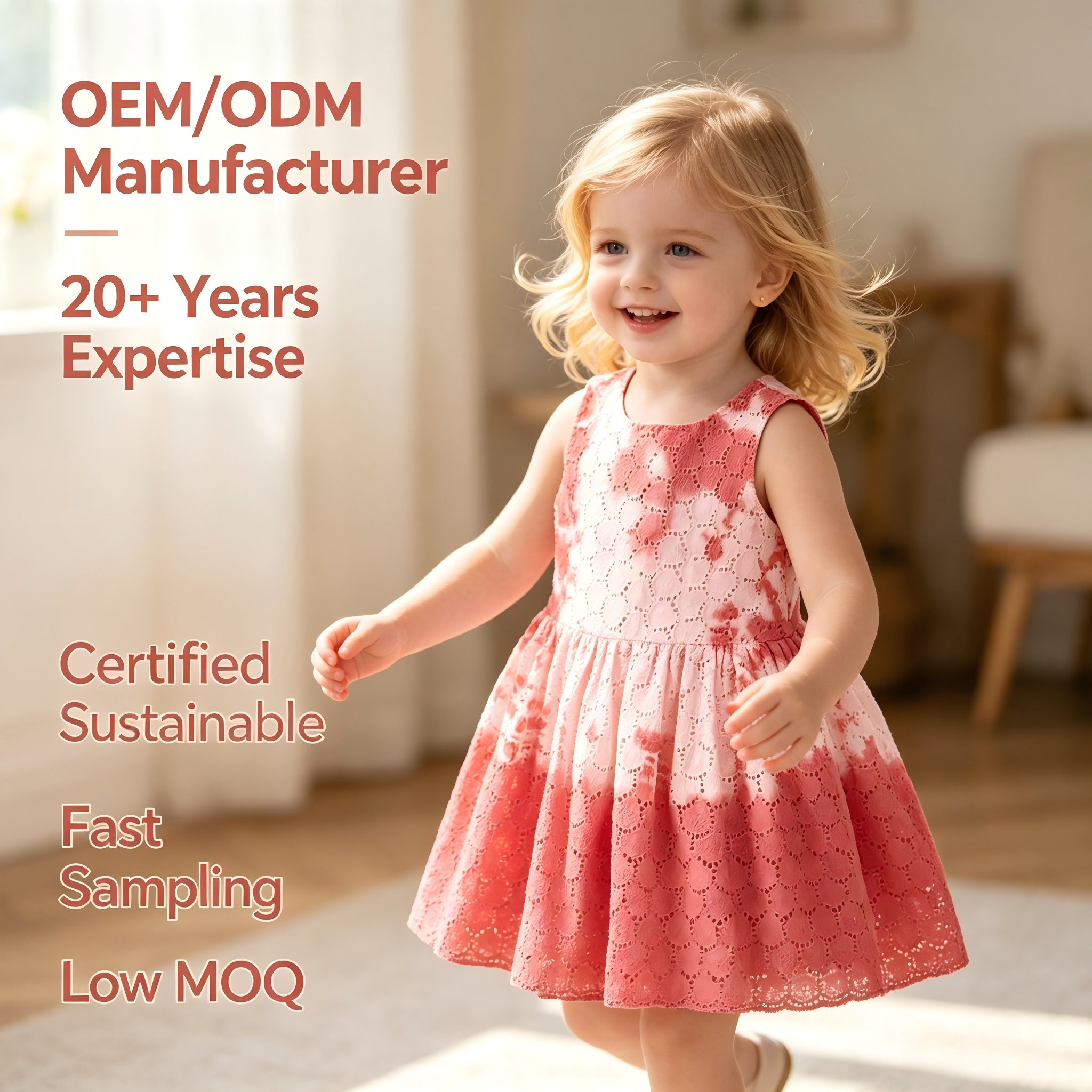 Maßgeschneidertes Baumwoll-Kleid mit Spitzeneinsatz für Baby-Mädchen, pflanzengefärbt, Batik-Optik, ärmellos, OEM/ODM, Boutique-Kinderbekleidungshersteller