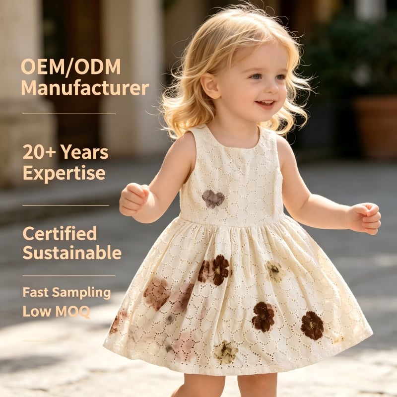 OEM/ODM-Babykleid, 100 % Baumwollspitzen-Kleid ohne Ärmel mit natürlichen, pflanzengefärbten Heat-Transfer-Drucken, umweltfreundliches, individuell gestaltbares Kleinkindkleid für Kinderbekleidungsmarken