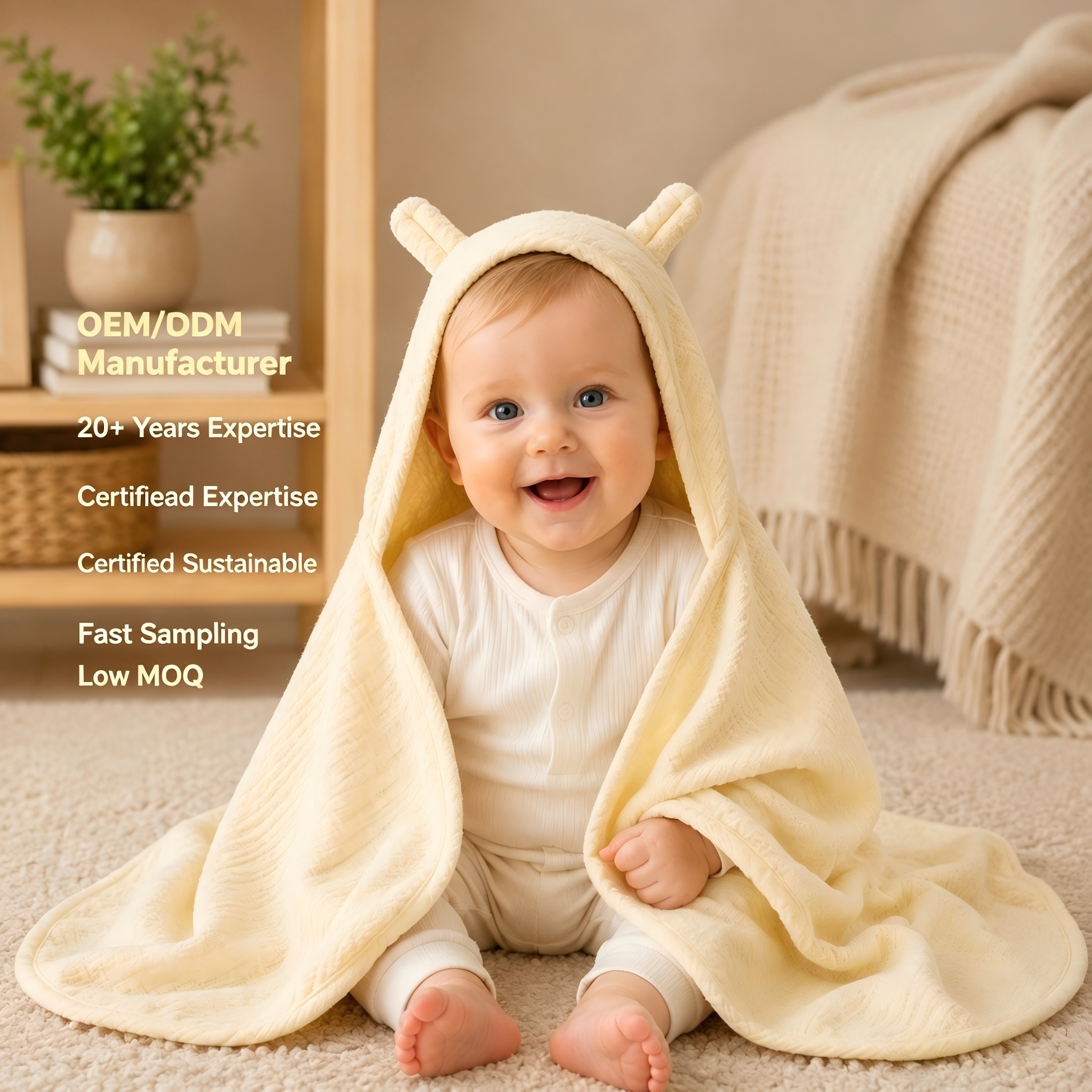 Custom Organic Hooded Baby Blanket Manufacturer | Plant Dyed Muslin Cotton Infant Swaddle Wrap for OEM ODM Baby Brands