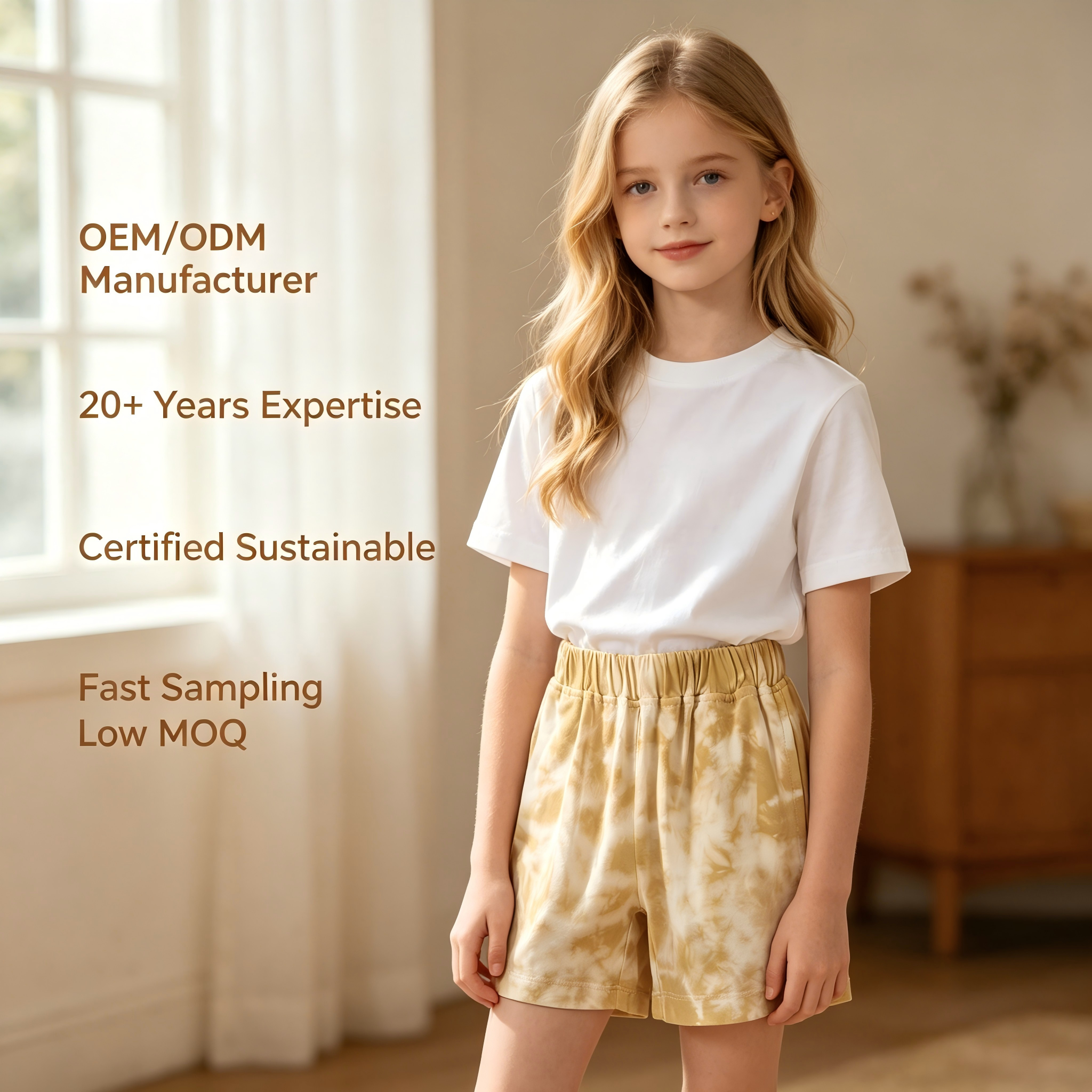 OEM ODM Kids Cotton Plant Dyed Shorts | Custom Yellow Tie Dye Children’s Shorts Manufacturer | Sustainable Baby & Kids Clothing Supplier