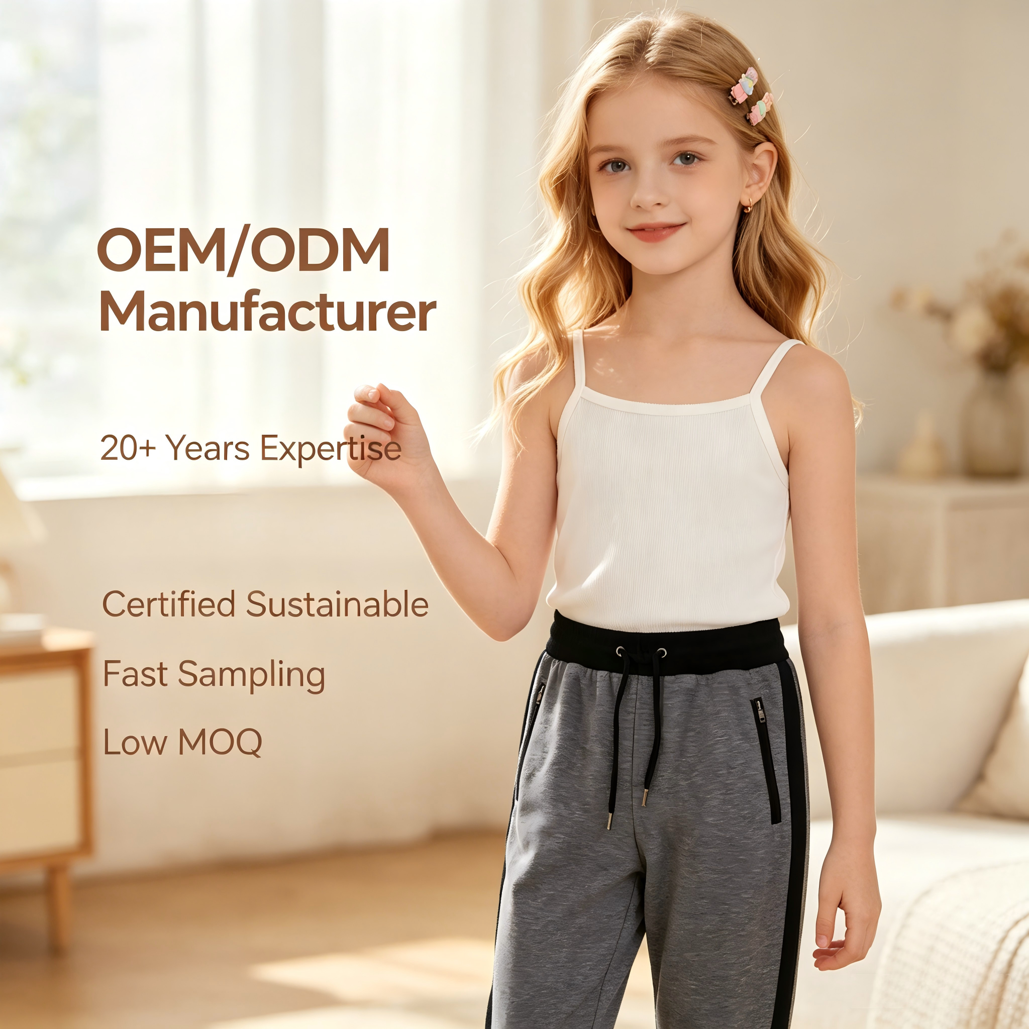 OEM/ODM Детски панталони от флис за момичета | Персонализирани панталони със странична ивица, джобове с цип и връвчица за стягане | Премиум производител на детски спортни дрехи за търговия на едро | Търговска марка – меки неформални спортни панталони