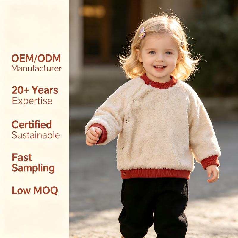 OEM/ODM Warm Sherpa Fleece Baby Sweatshirt | Side Snap Buttons Infant Long Sleeve Top | Customizable Winter Outerwear Ribbed Trim | High-Quality Wholesale Toddler Pullover Sweater Custom Label Factory Supply