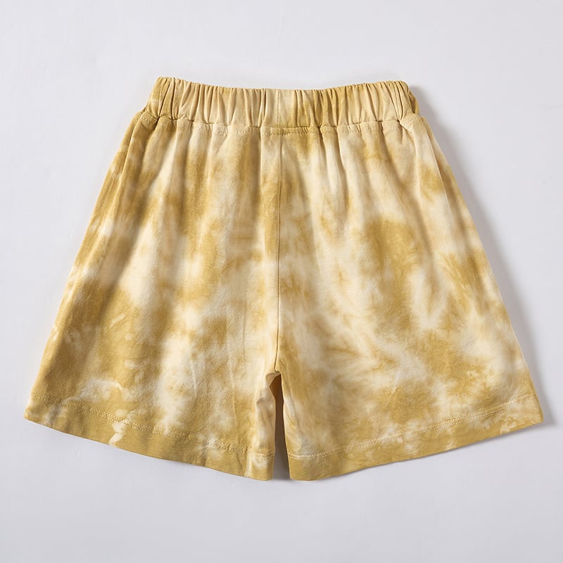 OEM/ODM børnecotton shorts med plantebaseret farvning | Brugerdefinerede gule tie-dye-shorts til børn fra producent | Bæredygtig leverandør af tøj til babyer og børn