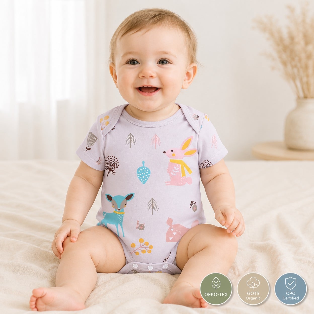Custom Organic Cotton Baby Short Sleeve Bodysuit | OEM ODM Private Label Infant Onesie | Sustainable Newborn Romper with Woodland Print | GOTS Cotton Baby Clothing Manufacturer
