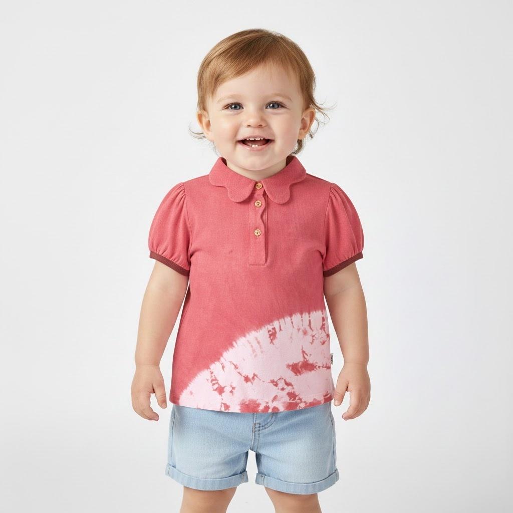 OEM/ODM 100% Cotton Baby Girls Polo Shirts Natural Plant Botanical Dyed Tie Dye Infant Toddler Peter Pan Collar Puff Sleeve Blouse Tops Custom Wholesale Private Label