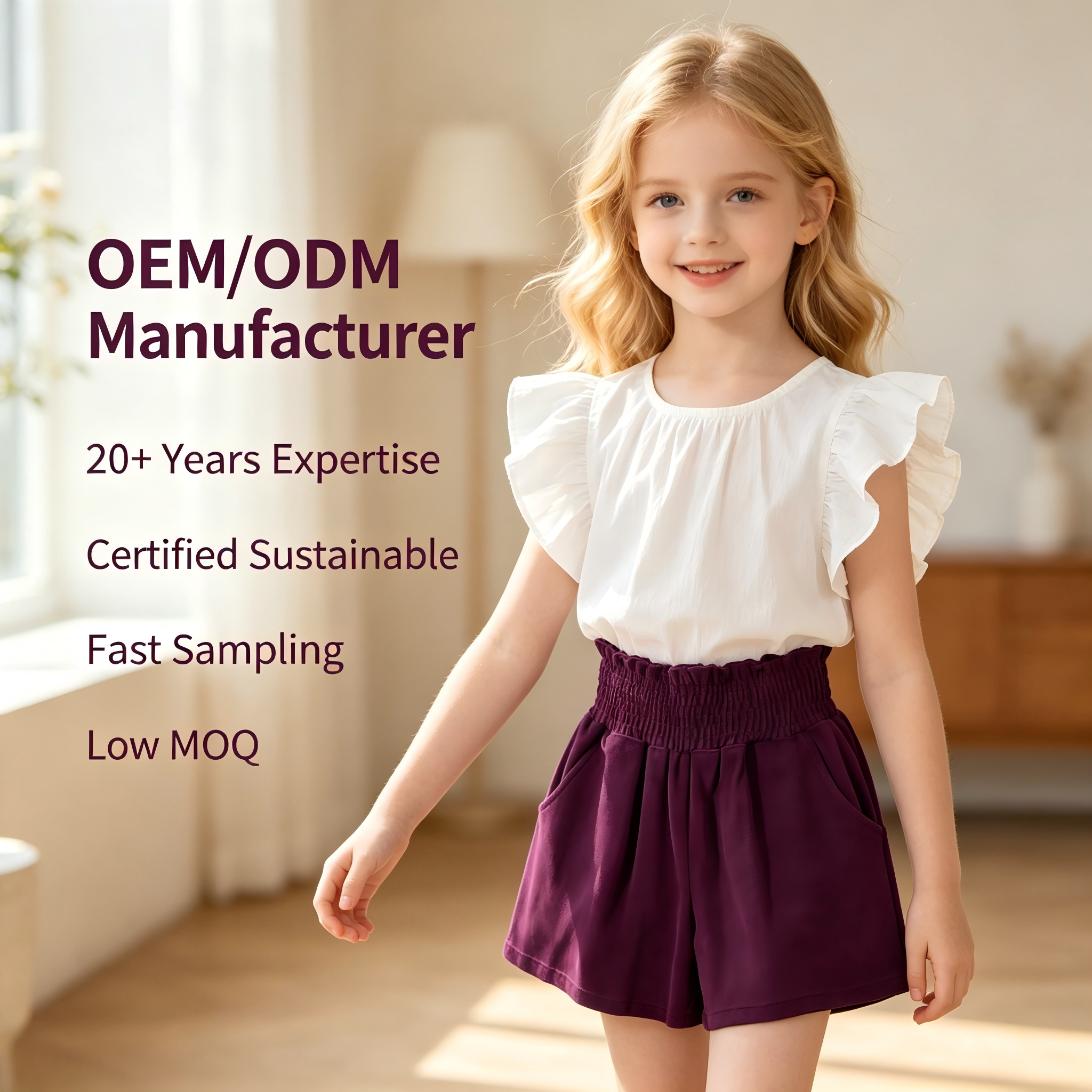 Premium Girls Corduroy Paperbag Shorts, Toddler Kids Purple High Waisted Wide Leg Shorts with Pockets, Soft Velvet Breathable Autumn Winter Bottoms, Custom Childrens Boutique Apparel Manufacturer OEM ODM Factory