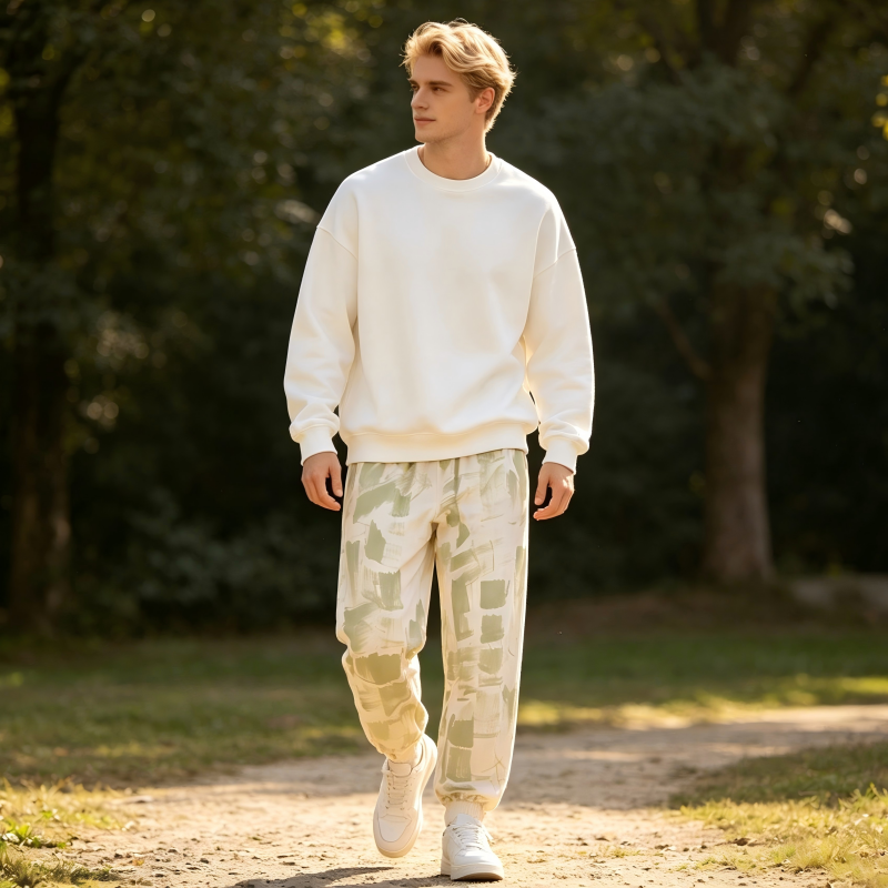 Custom Men’s Cotton Jogger Pants Plant Dyed Brush Print Sweatpants OEM ODM Sustainable Casual Wear Manufacturer