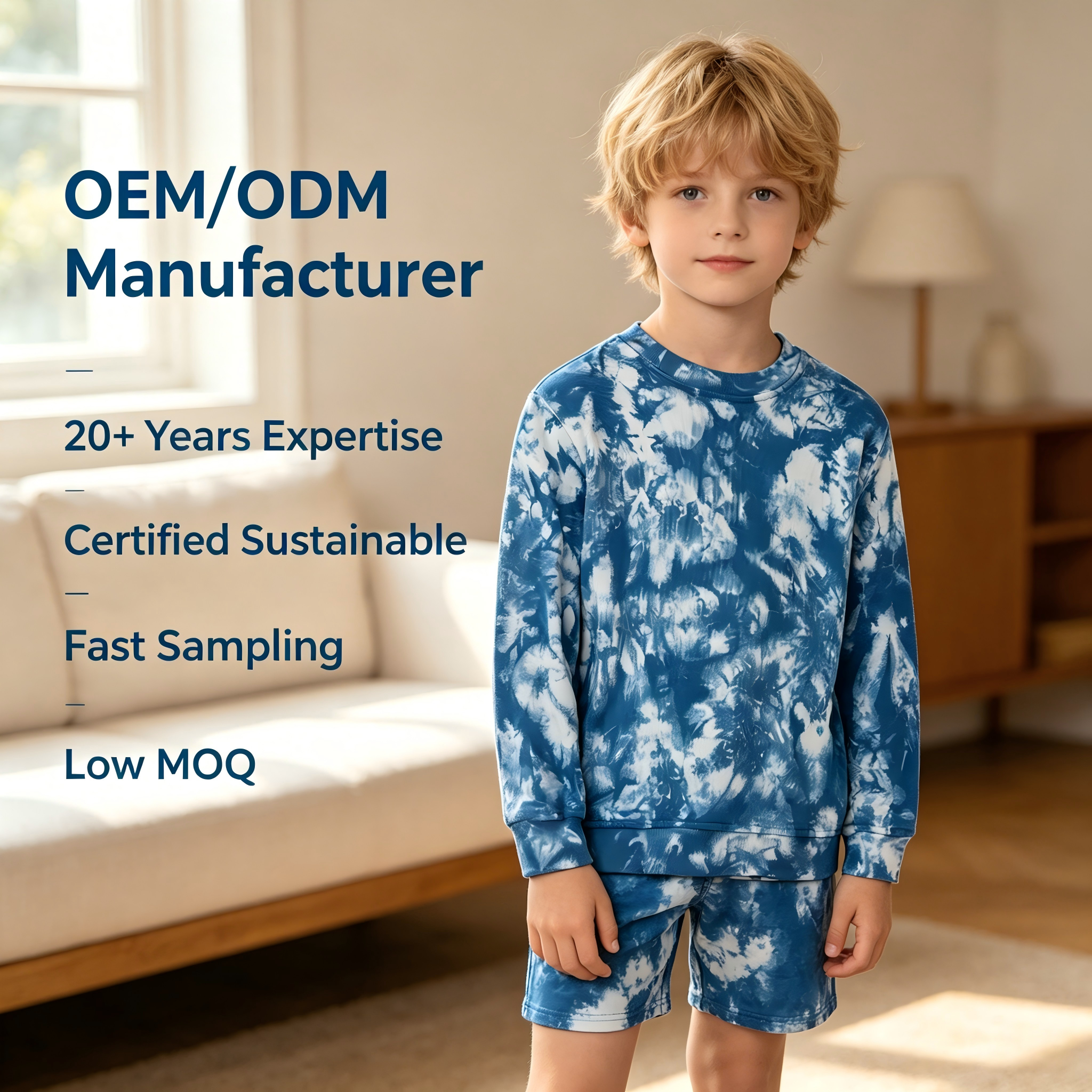 OEM/ODM Персонализиран детски свитшърт с техника тай-дай (tie-dye) | Детски пуловер от 100 % органичен памук, боядисан с растителни бои | Екологичен, нетоксичен, растителен свитшърт с кръгло деколте за частна марка | Устойчиво и дишаемо облекло за малки деца | Производител за търговия на едро