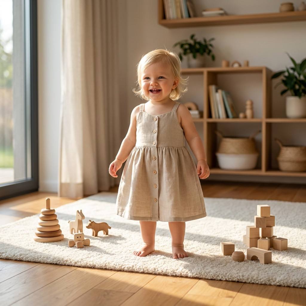 OEM/ODM babyklæder i bomuld og linned – strapkjole til babyer, tilpasset design – sommerkjole til små børn, 55 % bomuld, 45 % linned, ærmløs kjole med knapper foran til små børn, privat mærke, producent af babyklæder, butikskvalitet, pigerkjole i linned