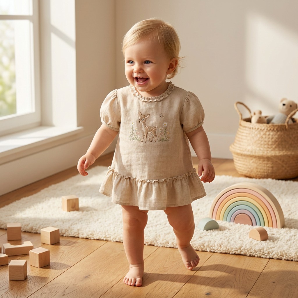 Brugerdefineret sommerkjole til baby piger i bomuld og linned – 55 % bomuld, 45 % linned – broderet hjort og rynket nederkant – OEM/ODM – producent af baby- og børneklæder til butikker – private label – leverandør af babykjoler