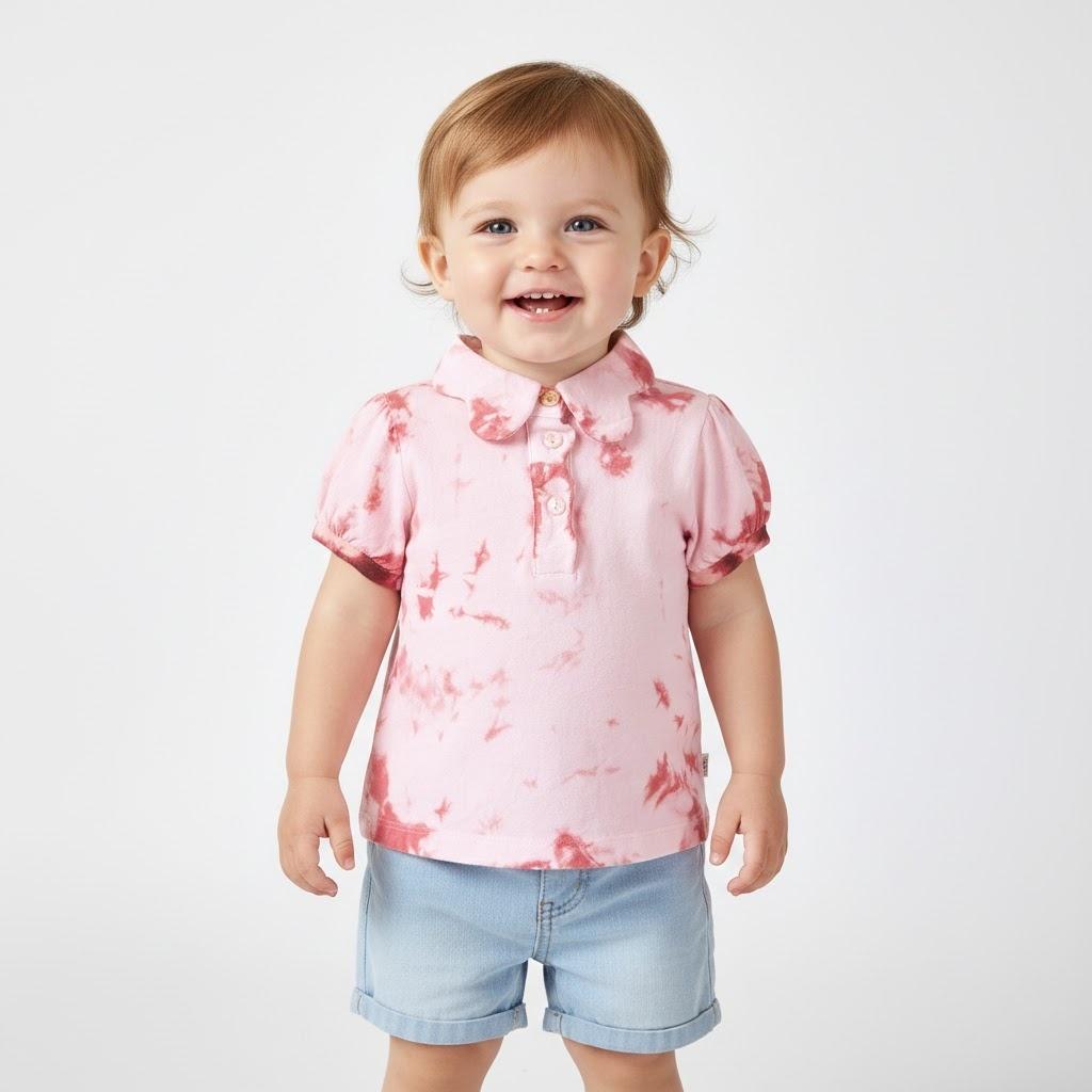 OEM/ODM 100% Cotton Baby Girls Polo Shirts Natural Plant Botanical Dyed Tie Dye Infant Toddler Peter Pan Collar Puff Sleeve Blouse Tops Custom Wholesale Private Label