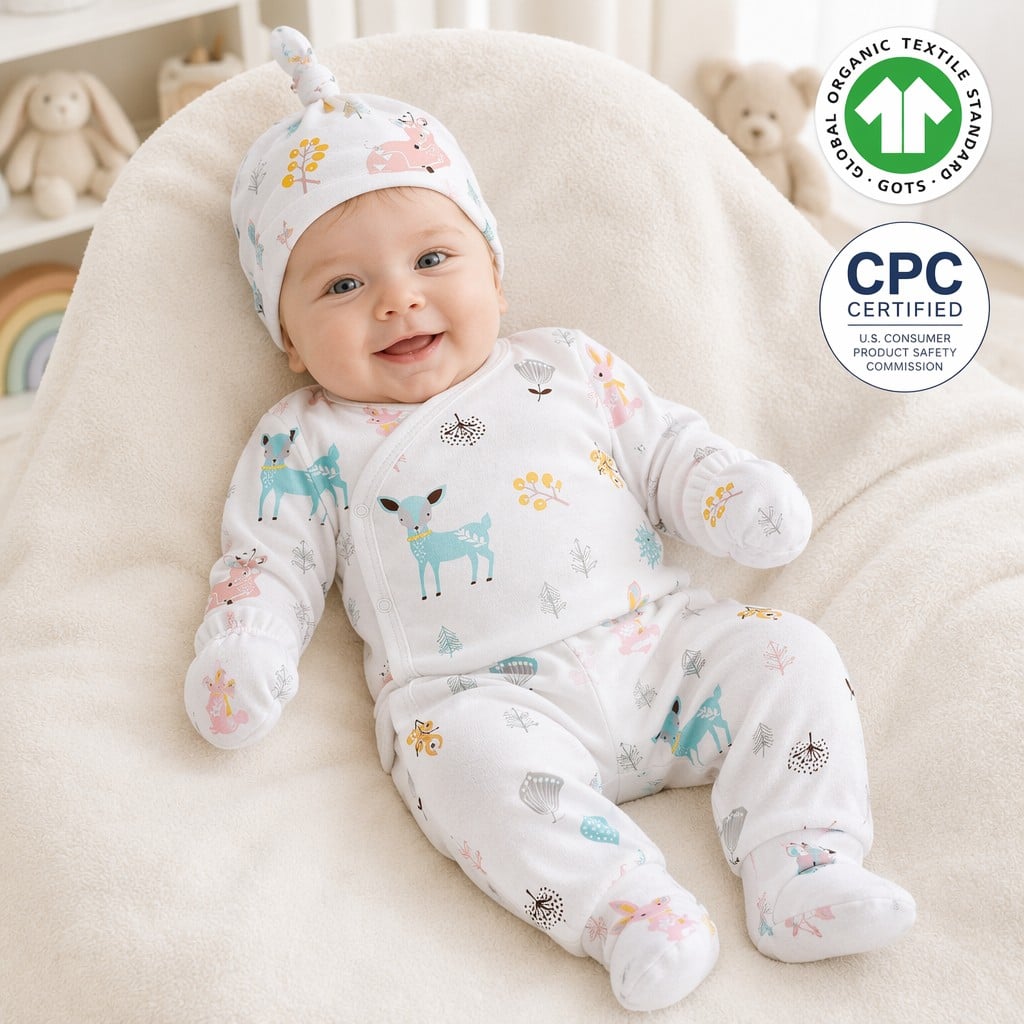 Custom Organic Cotton Baby Kimono Bodysuit Gift Set | OEM ODM Newborn Clothing Manufacturer | Soft Rib Knit Baby Onesie, Pants, Knot Hat & Mittens | Private Label Baby Clothing