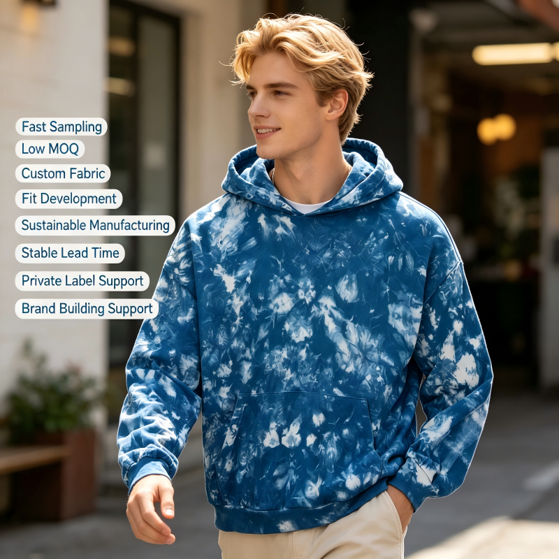 Персонализиран мъжки худи с техника „тие дай“ (tie-dye), OEM/ODM | Производител на пуловери-свитшърти от органичен памук, боядисани с растителни бои, за устойчиви марки в стил „стритуеър“ и марки за частна етикетка