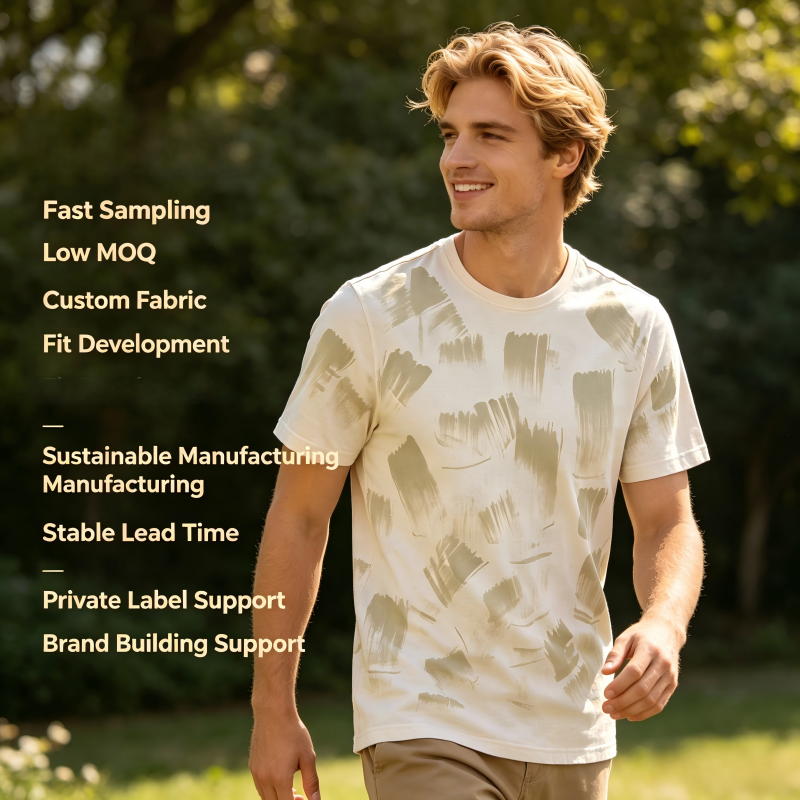 Custom Men’s Organic Cotton T-Shirt OEM ODM | Plant-Dyed Brush Print Tee Manufacturer for Sustainable Streetwear, Casual Fashion & Private Label Clothing Brands