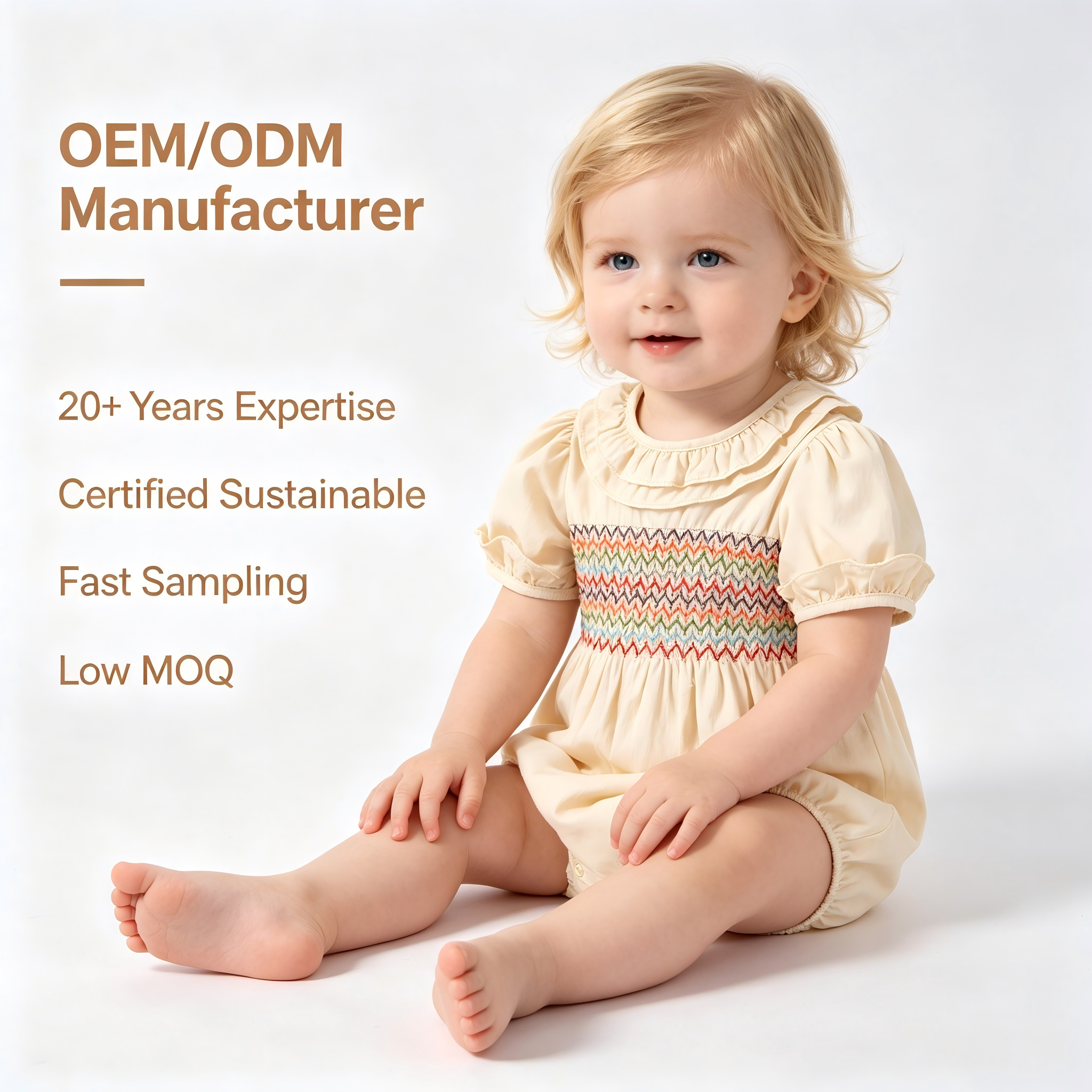 OEM/ODM 빈티지 스타일 100% 코튼 스모크드 베이비 롬퍼 | 친환경 식물 염색 유아 점프수트 | 맞춤형 지속가능한 러플 칼라 신생아 버블 바디슈트 | 수제 스모크드 부티크 유아 의류 도매