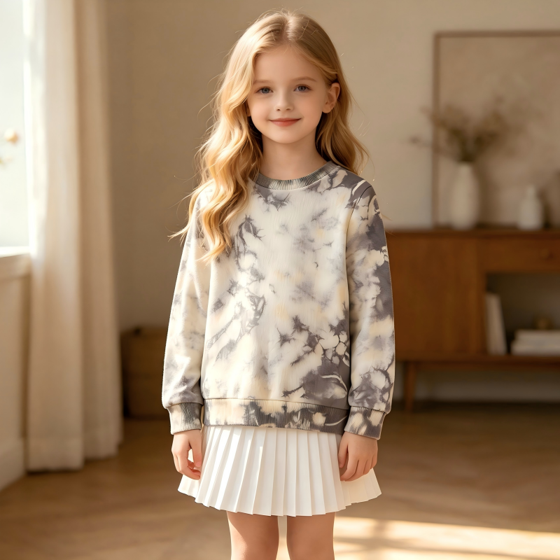 OEM/ODM Children's Tie-Dye Sweatshirt | 100% Organic Cotton Grey Cloud Tie-Dye Pullover | Eco-Friendly Plant-Dyed Kids Crewneck for Private Label | Sustainable Non-Toxic Botanical Dye Toddler Wear | Wholesale Manufacturer