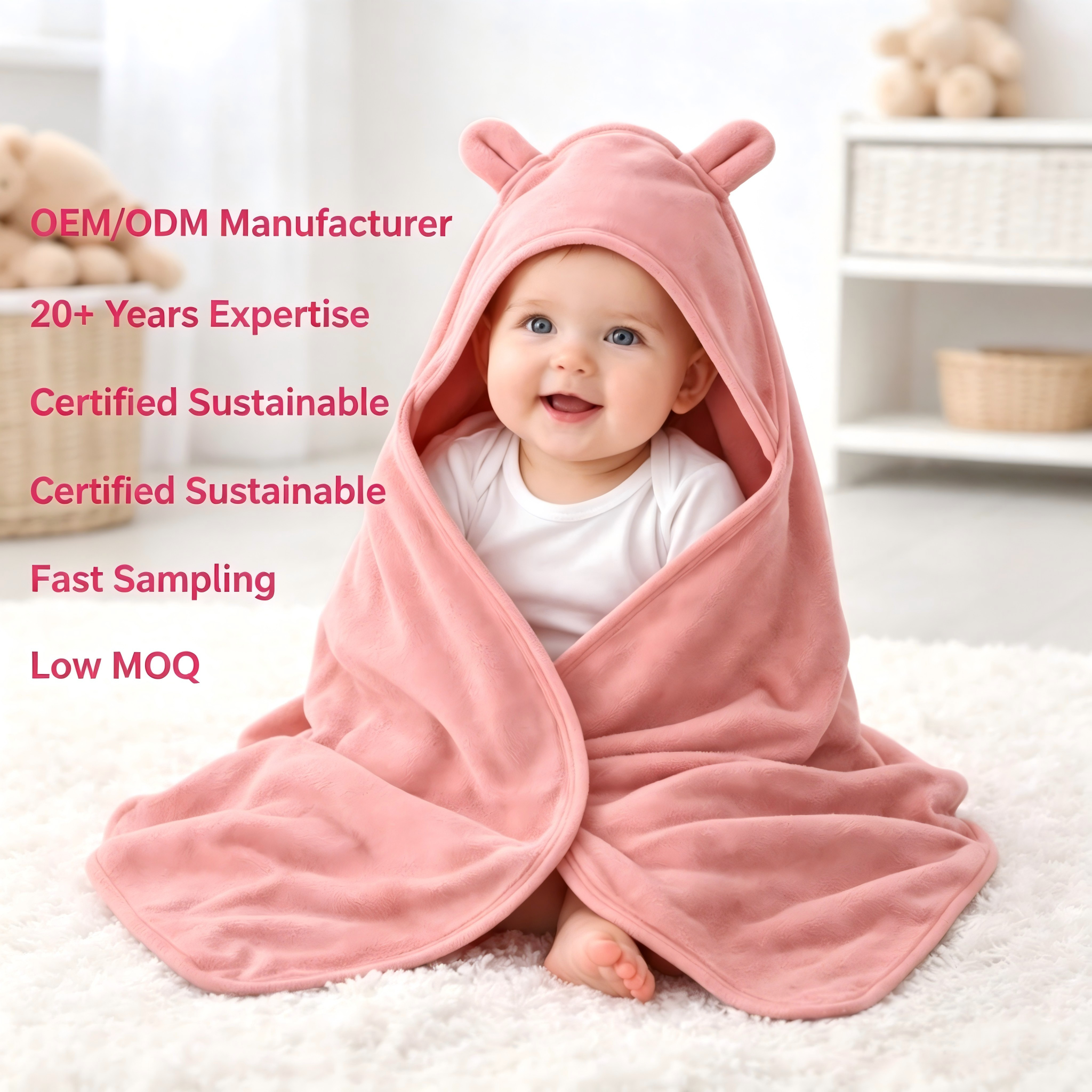 Custom Organic Cotton Hooded Baby Blanket with Ears Plant Dyed Soft Infant Swaddle Blanket OEM ODM Newborn Receiving Blanket Eco Friendly Baby Wrap Manufacturer