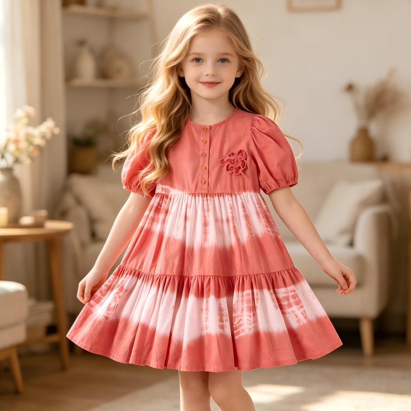 Custom Girls Cotton Tie Dye Tiered Dress Plant Dyed Puff Sleeve Boutique Dress OEM ODM Kids Clothing Manufacturer