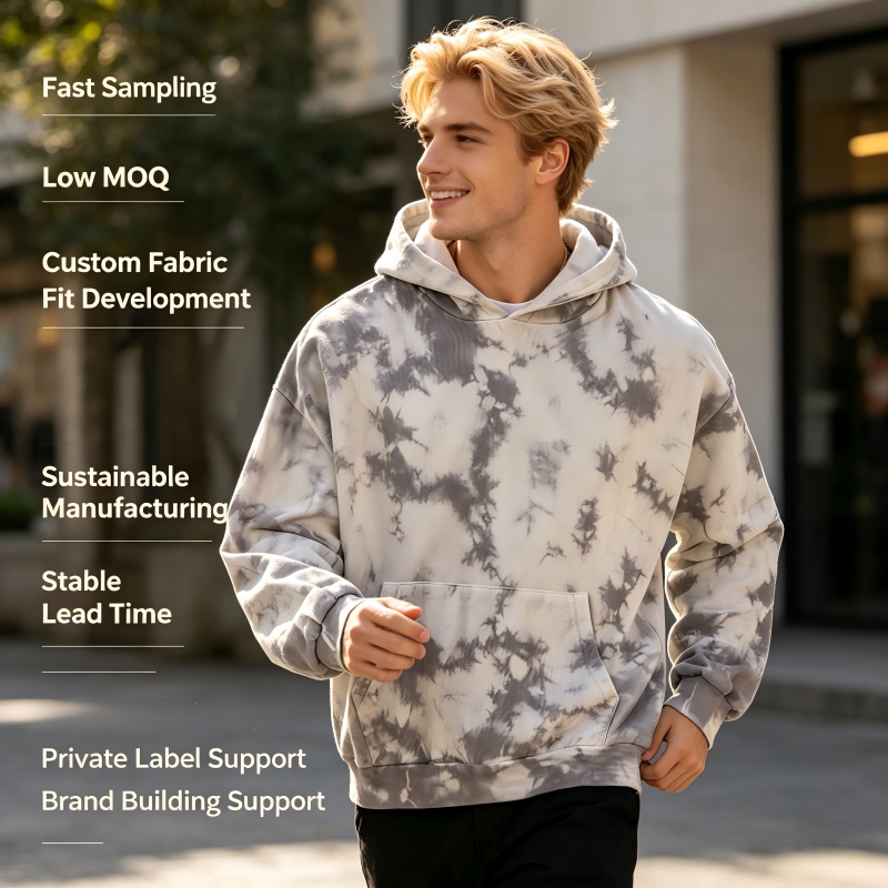 Niestandardowy męski sweter z kapturem w technice tie-dye, producent OEM/ODM | ekologiczny bawełniany sweter z kapturem barwiony roślinami, przeznaczony dla marek zrównoważonej mody i marek własnych streetwearu