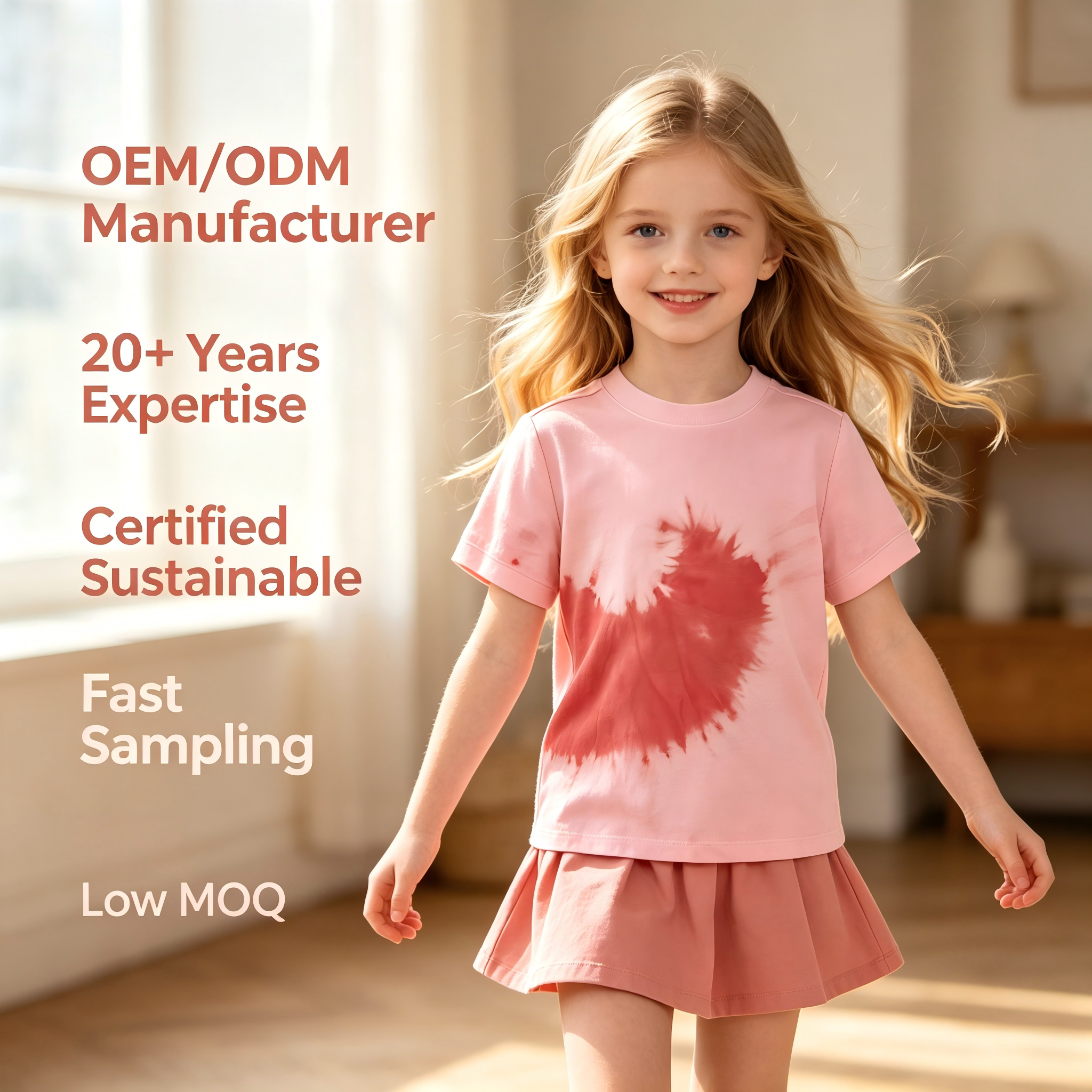 OEM/ODM памучни тениски за малки момичета от 100% памук, боядисани с естествени растителни бои, тай-дай, за лятна употреба, с къси ръкави и кръгло деколте, топове, персонализирани, за търговско дистрибуция, частен етикет