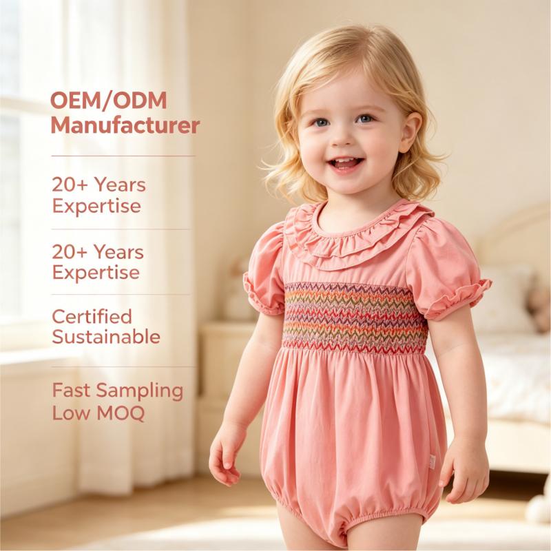 Pink Sappanwood and Madder Dyed Short-Sleeved Embroidered Baby Rompers