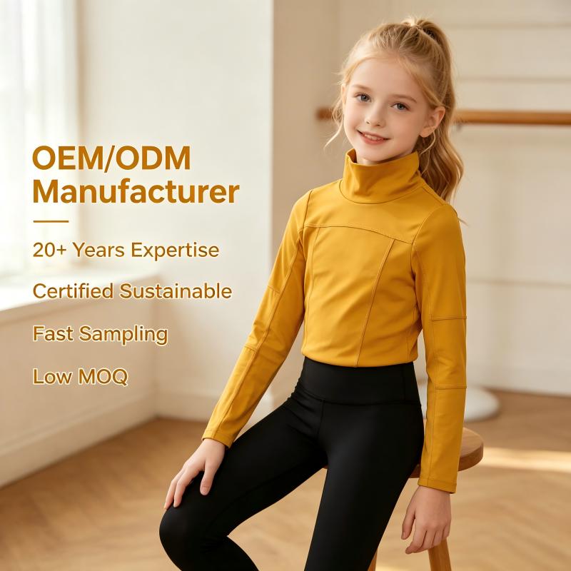 Производител на персонализирани топове с висока яка за деца – OEM и ODM | Дългоръкава активна риза за деца | Доставчик на меки еластични основни горни дрехи за деца за частни марки