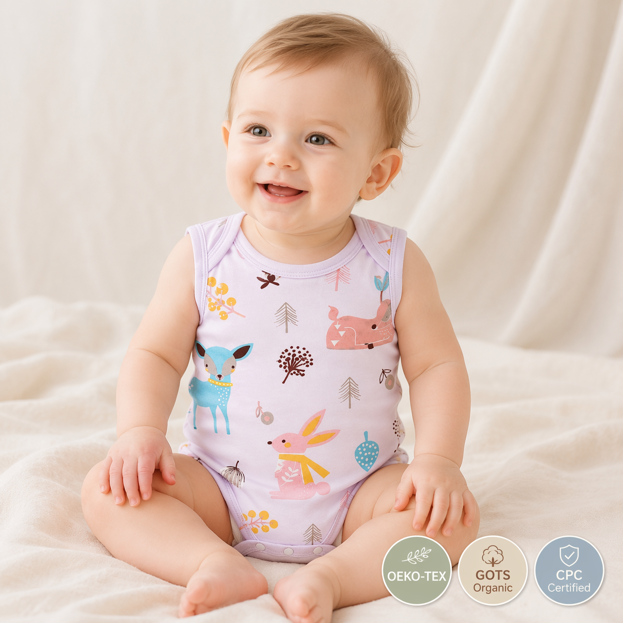 Custom Organic Cotton Sleeveless Baby Bodysuit with Woodland Animal Print | OEM ODM Private Label Infant Romper | Soft Breathable Baby Onesie Manufacturer for Baby Clothing Brands