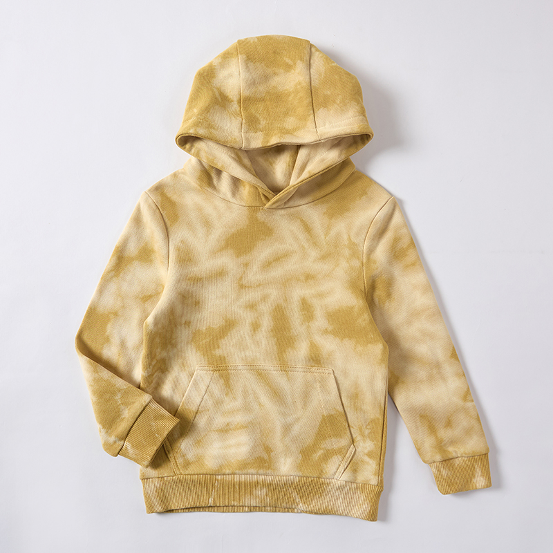 OEM/ODM Tie-Dye 100% Cotton Kids Pullover Hoodie | Eco-Friendly Plant-Dyed 290gsm French Terry Children Sweatshirt | Custom Sustainable Botanical Mustard Yellow Toddler Outerwear | Wholesale Private Label Boutique Clothing