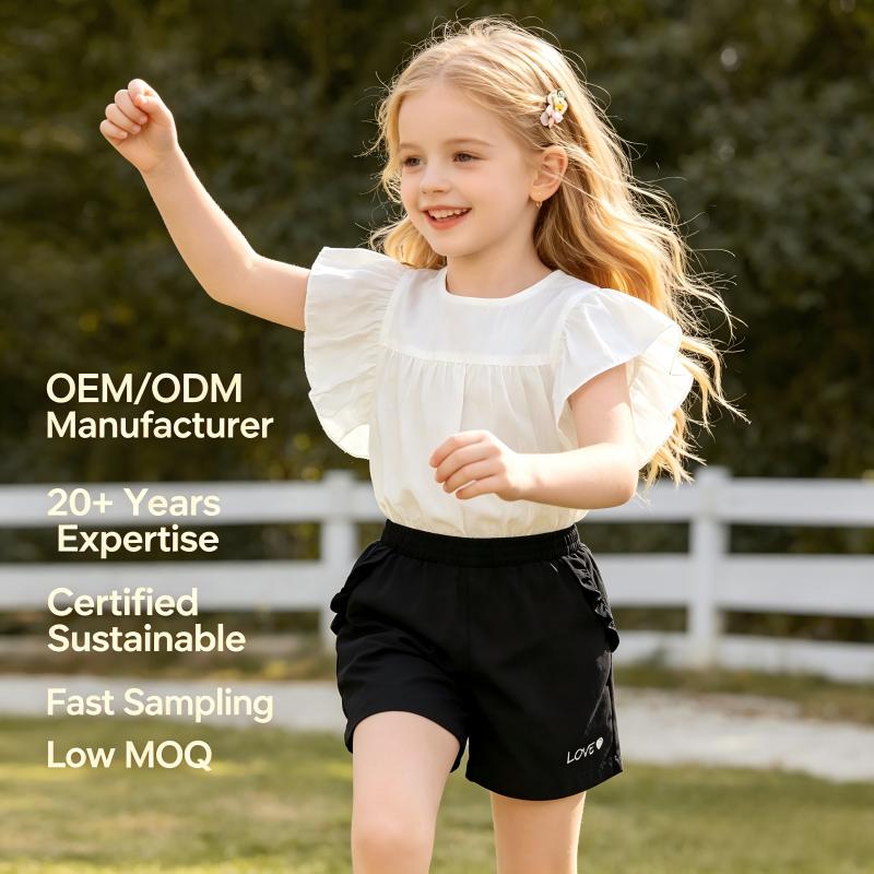 Pantaloncini personalizzati al 100% in rayon per ragazze con tasche a balze | Produttore di pantaloncini estivi morbidi e traspiranti per bambini per spiaggia, servizio OEM/ODM | Fornitore di fabbrica per abbigliamento infantile con marchio privato