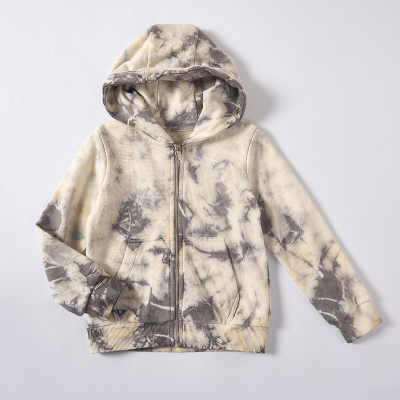 OEM/ODM Tie-Dye 100% Cotton Kids Zip Hoodie | Eco-Friendly Plant-Dyed 290gsm French Terry Children Jacket | Custom Sustainable Botanical Charcoal Grey Toddler Sweatshirt | Wholesale Private Label Boutique Outerwear