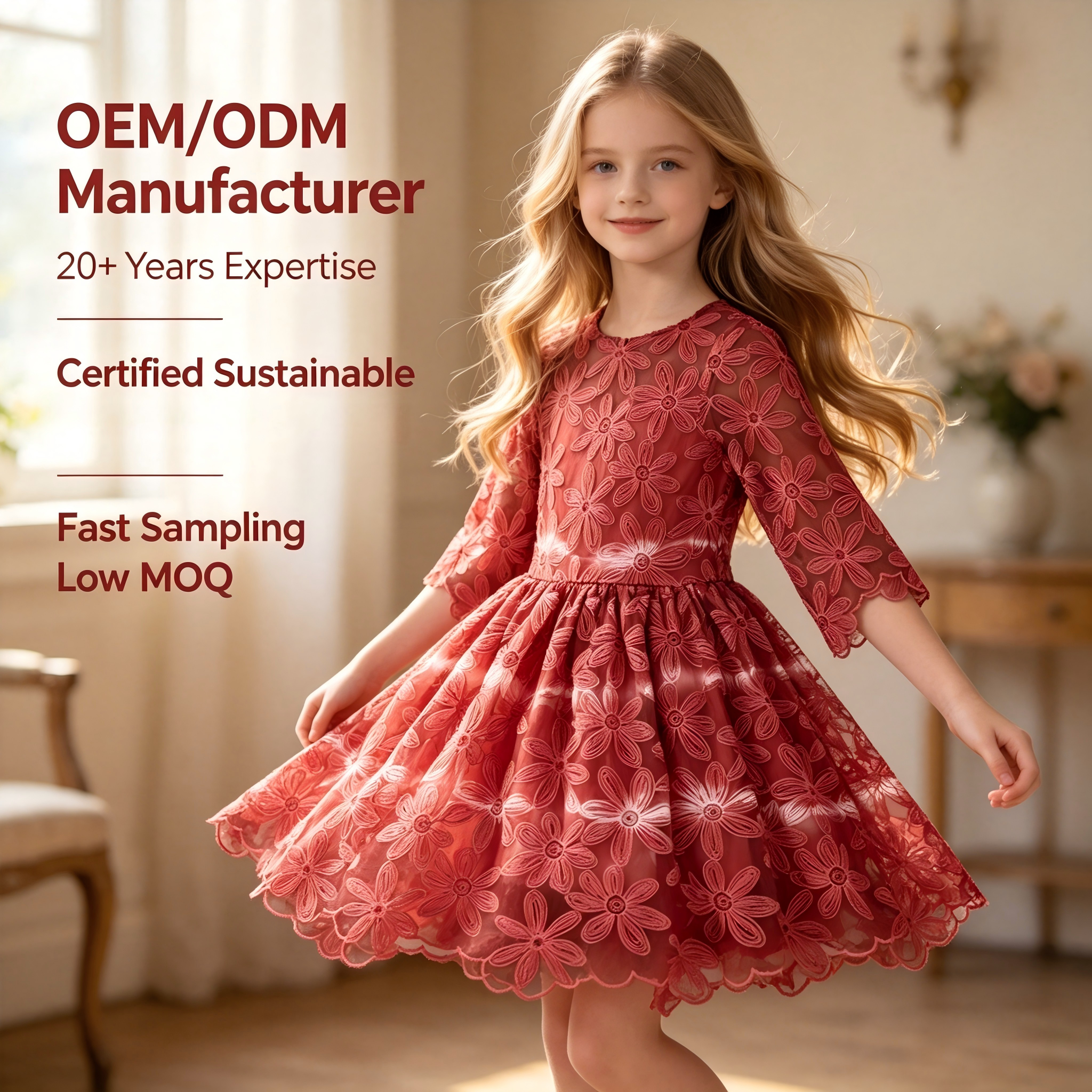 OEM/ODM 100% памучна органза рокля за момичета с дантела, боядисана с естествени растителни ботанически бои, техника тай-дай, рокля за деца с камбановидни ръкави и волани, принцесески рокли, персонализирана търговска продажба на едро, частен етикет