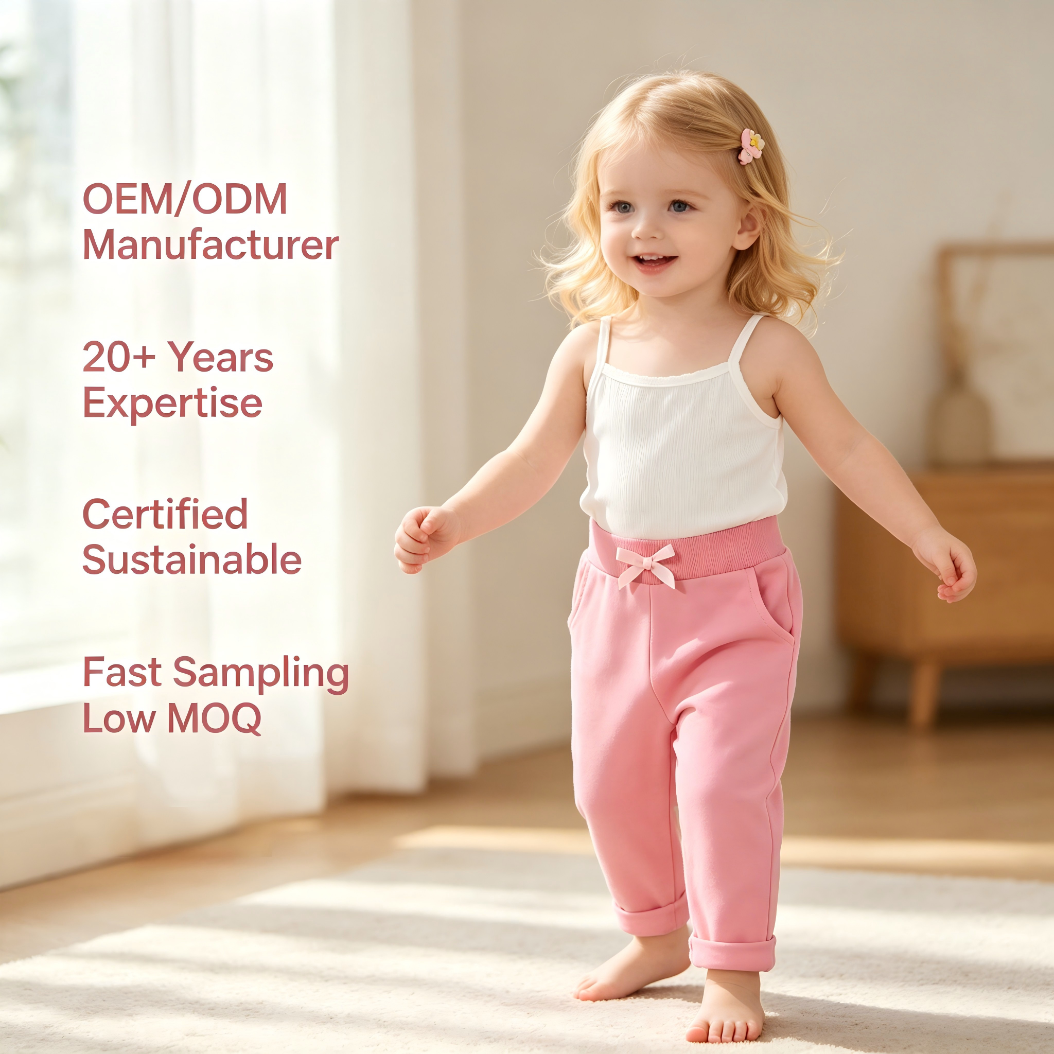 Custom Organic Cotton Baby Sweatpants for OEM ODM | Soft Pink Infant Jogger Pants with Bow Detail | Private Label Baby Clothing Manufacturer