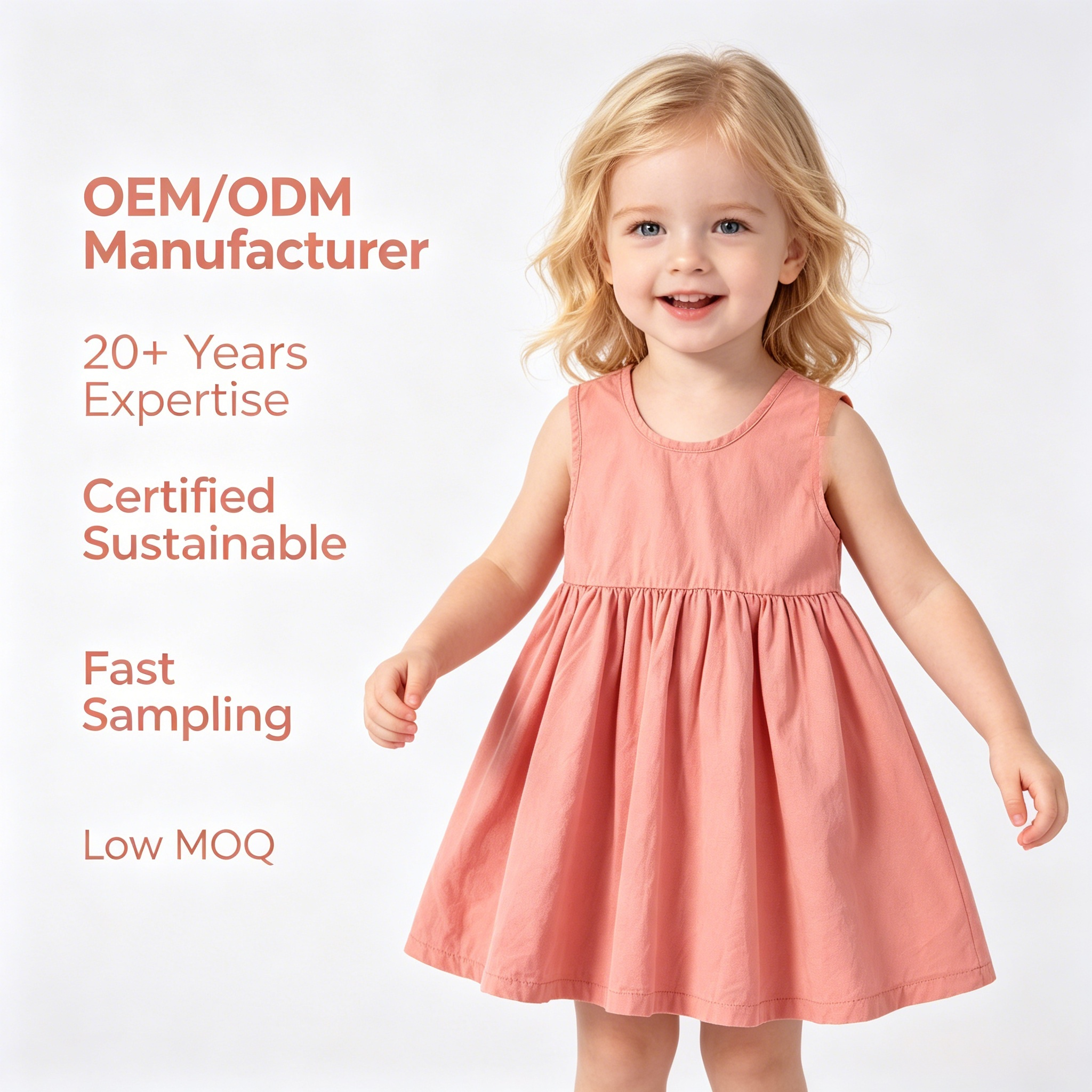 OEM/ODM 100% Cotton Ruffle Baby Girl Dress | Eco-Friendly Plant-Dyed Toddler Sun Dress | Custom Sustainable Botanical Sleeveless Kids Pinafore | Wholesale Premium Private Label Boutique Children Apparel