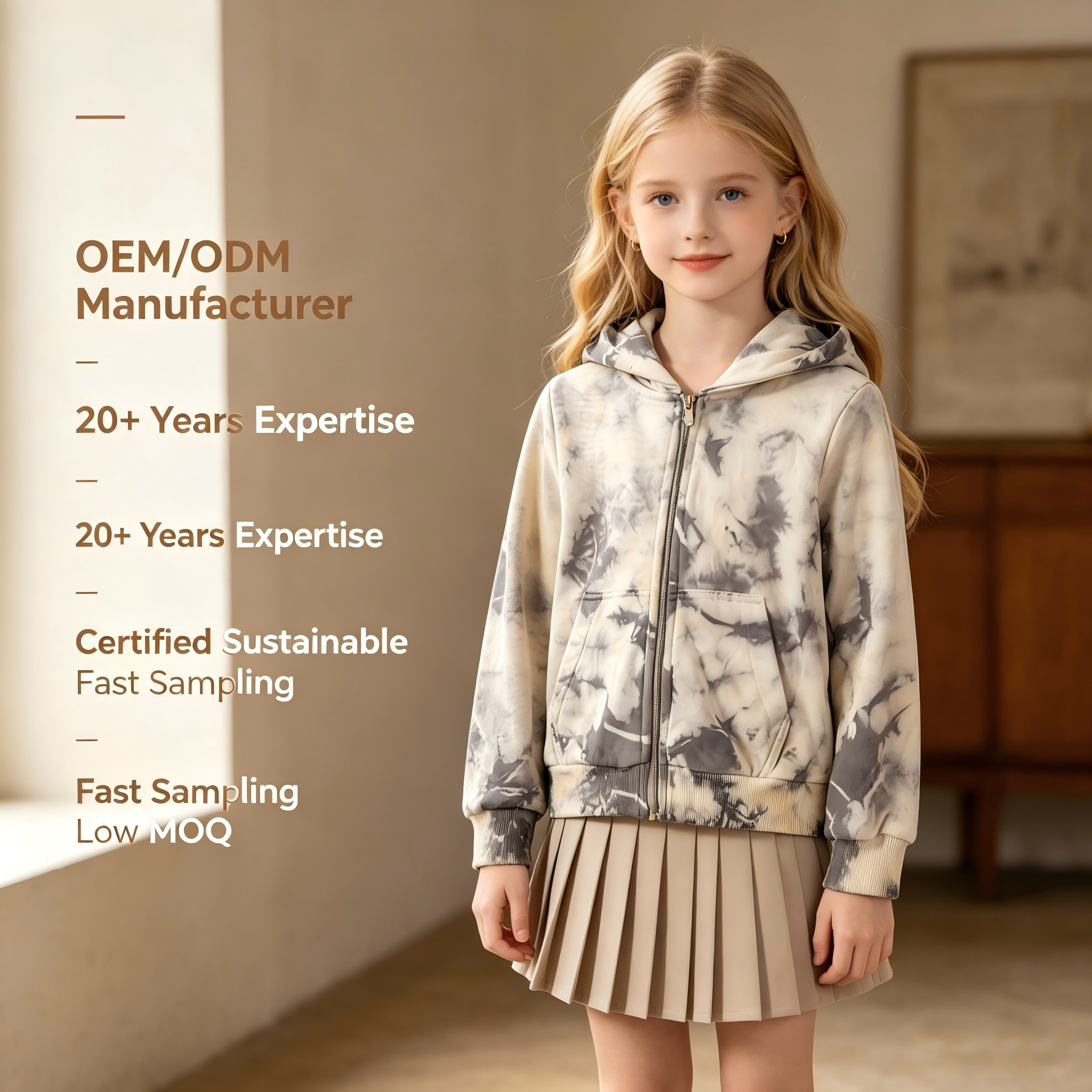 OEM/ODM Tie-Dye 100% Cotton Kids Zip Hoodie | Eco-Friendly Plant-Dyed 290gsm French Terry Children Jacket | Custom Sustainable Botanical Charcoal Grey Toddler Sweatshirt | Wholesale Private Label Boutique Outerwear
