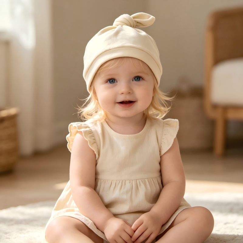 Organic Cotton Top Knot Baby Beanie - Sustainable Plant-Dyed Cream Infant Hat for Eco-Conscious Brands - Custom OEM/ODM Newborn Headwear Manufacturer - Non-Toxic Chemical-Free Breathable Toddler Apparel