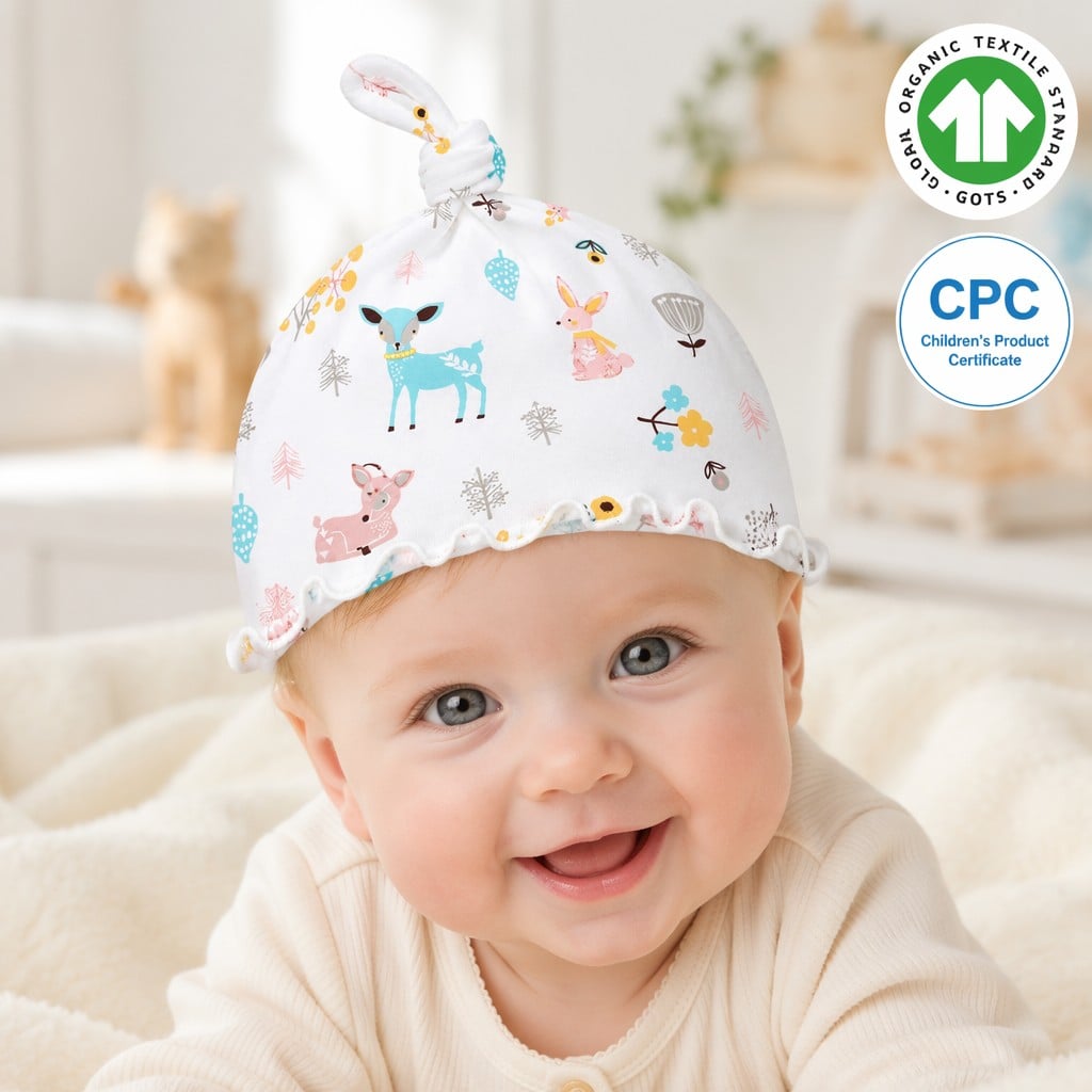 Custom Organic Cotton Baby Knot Hat with Woodland Animal Print | OEM & ODM Private Label Newborn Beanie Manufacturer | GOTS Soft Infant Cap for Baby Brands
