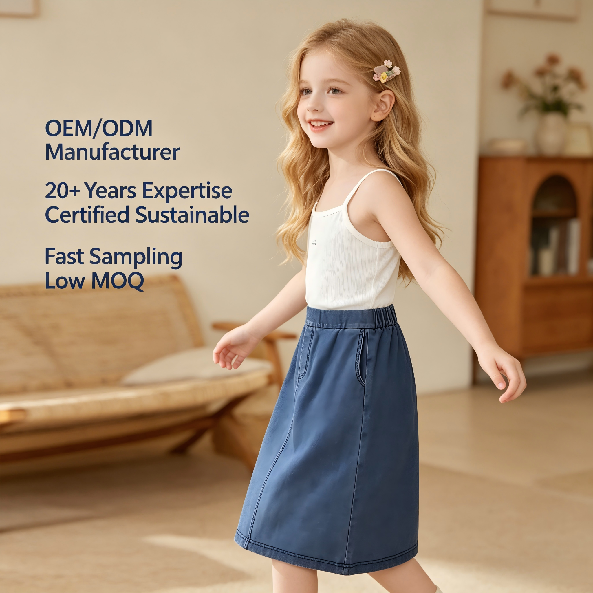 OEM/ODM Toddler Girls Denim Midi Skirt | Custom Soft Cotton Indigo Wash A-Line Jean Skirt with Pockets | Premium Children's Sustainable Apparel Manufacturer | Private Label Boutique Kids Spring Casual Denim Bottoms