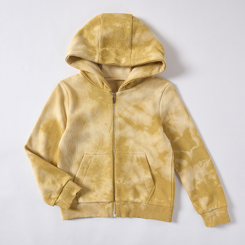 OEM/ODM Tie-Dye 100% Cotton Kids Zip Hoodie | Eco-Friendly Plant-Dyed 290gsm French Terry Children Jacket | Custom Sustainable Botanical Mustard Yellow Toddler Sweatshirt | Wholesale Private Label Boutique Outerwear