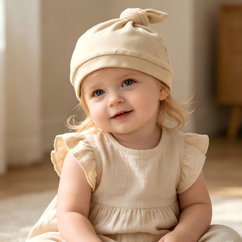 Organic Cotton Top Knot Baby Beanie - Sustainable Plant-Dyed Neutral Infant Hat for Eco-Friendly Brands - Custom OEM/ODM Newborn Headwear Manufacturer - Non-Toxic Chemical-Free Breathable Toddler Apparel