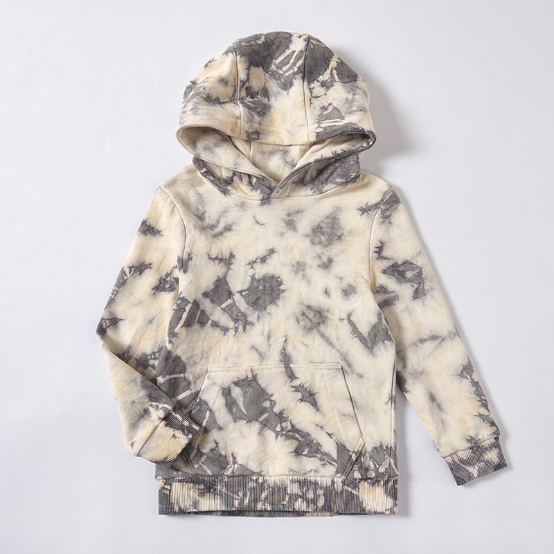 OEM/ODM Tie-Dye 100% Cotton Kids Pullover Hoodie | Eco-Friendly Plant-Dyed 290gsm French Terry Children Sweatshirt | Custom Sustainable Botanical Charcoal Grey Toddler Outerwear | Wholesale Private Label Boutique Clothing