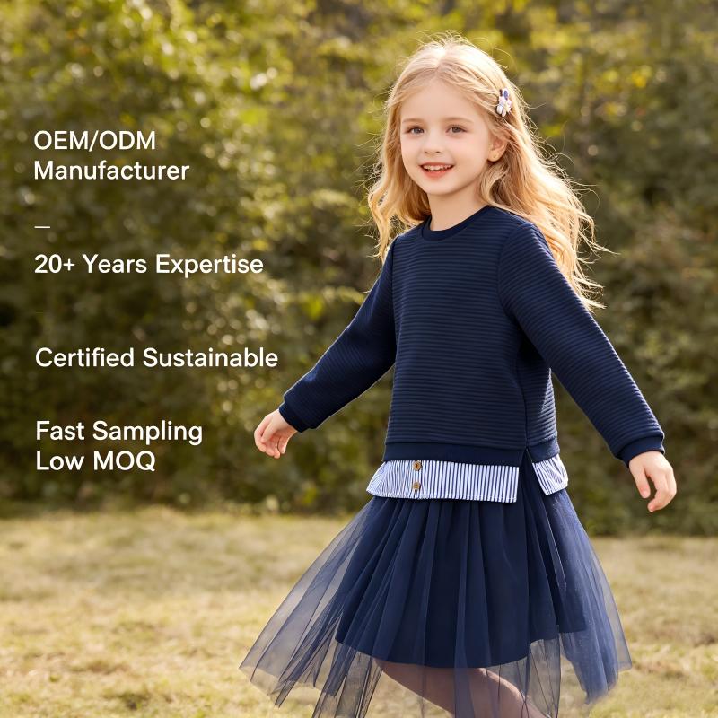 Felpa a coste per bambini OEM/ODM con orlo sovrapposto, pullover personalizzato per bambini con maniche lunghe in misto cotone, capo informale per bambini in età prescolare, produttore