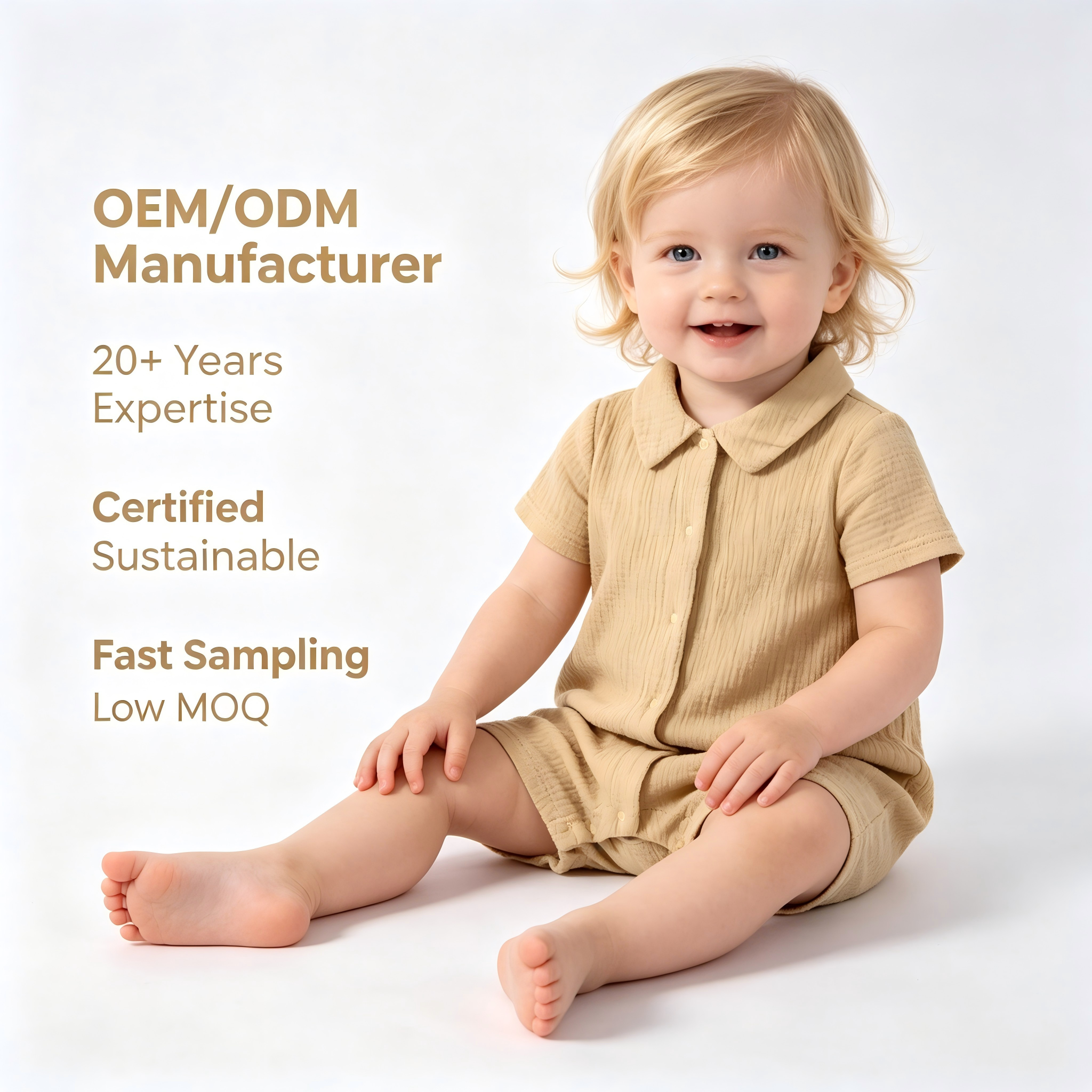 OEM/ODM 100% памучен комбинезон за бебета, 135 г/м², двуслоен набръчкан муслин, комбинезон, боядисан с естествени растителни ботанически бои, костюм за новородени и малки деца с къси ръкави, едночастен комплект, персонализирана търговска продажба на едро, частен етикет