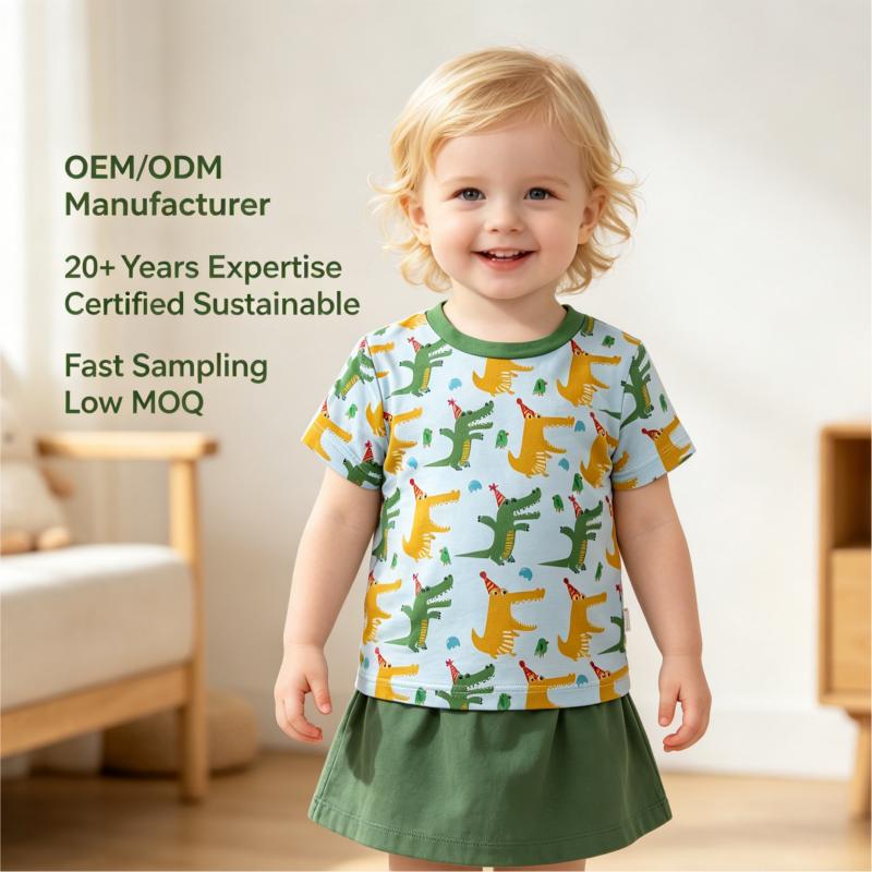 OEM/ODM All-Over Crocodile Kids T-Shirt | Eco-Friendly 220gsm Bamboo Soft Toddler Short Sleeve Tee | Custom Sustainable Breathable Crewneck Children Summer Top | Wholesale Premium Private Label Boutique Apparel