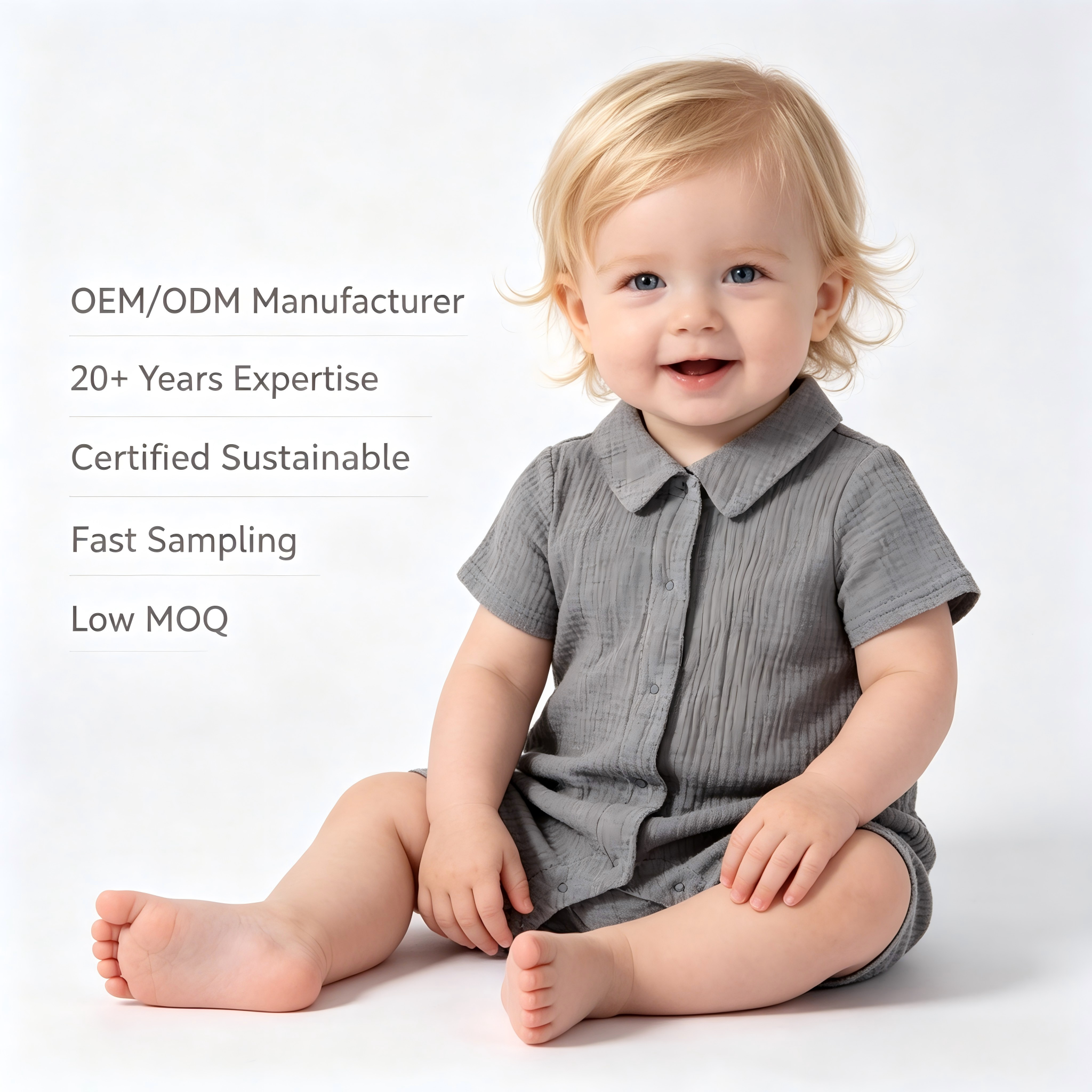 OEM/ODM 100% памучен комбинезон за бебета, 135 г/м², двуслоен набръчкан муслин, комбинезон, боядисан с естествени растителни ботанически бои, костюм за новородени и малки деца с къси ръкави, едночастен комплект, персонализирана търговска продажба на едро, частен етикет